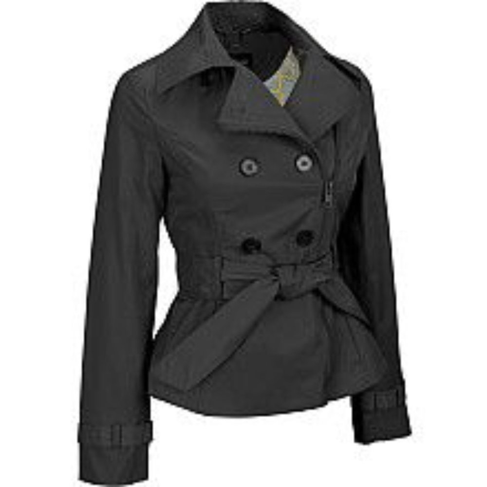 Black Rivet Fabric Trench Coat w/ Peplum Waist